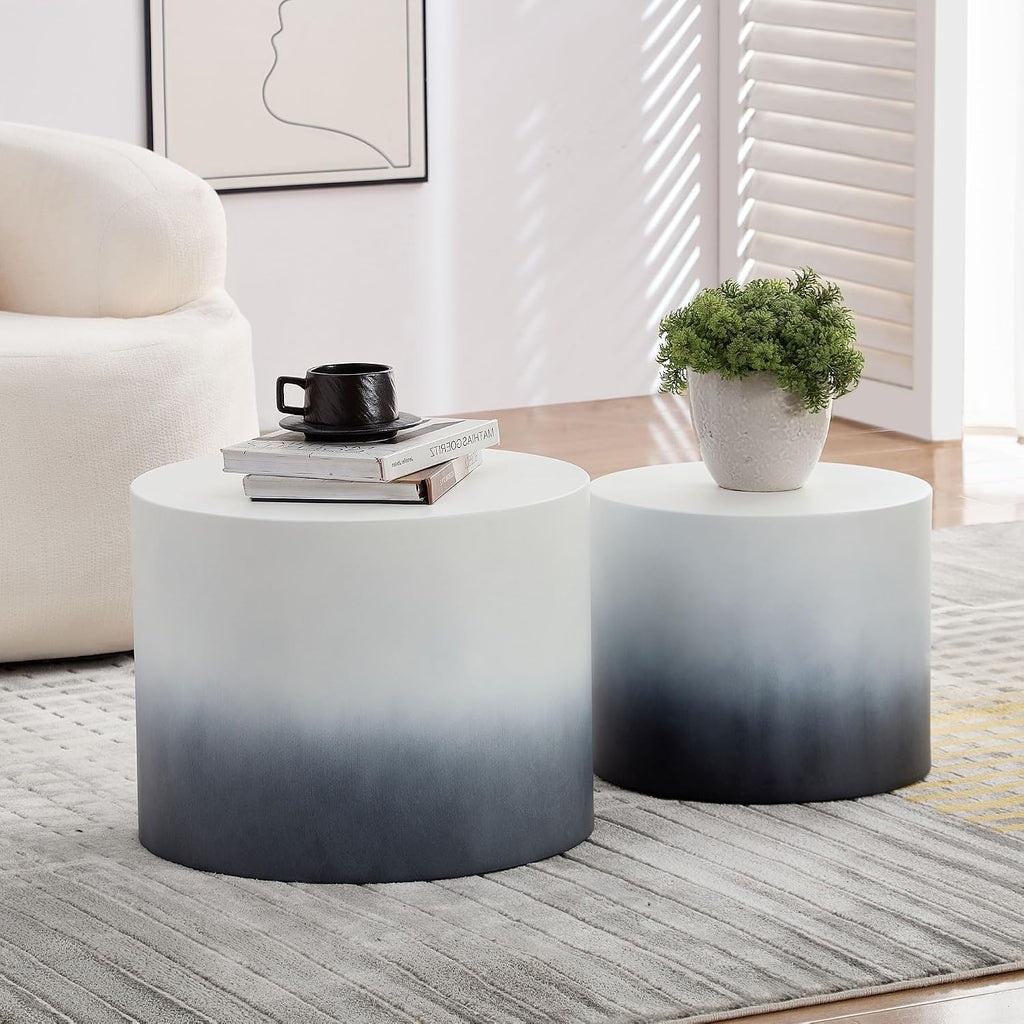 WILLIAMSPACE 18.9' Gradient Color Nesting Coffee Table Set of 2 for Living Room, Modern Round Coffee Tables Accent Circle Tea Table Set for Small Space, No Assembling, White + Blue