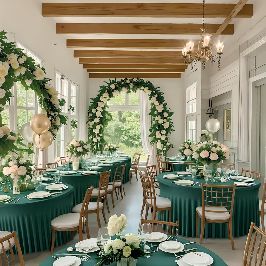leegleri 6 Pack Spandex Hunter Green 72Inch Round Tablecloths, Stretchy 132inch Fitted 6FT Round Table Cloths, Wrinkle Free Table Cover with Skirt for Wedding Birthday Party Bridal Shower Banquet