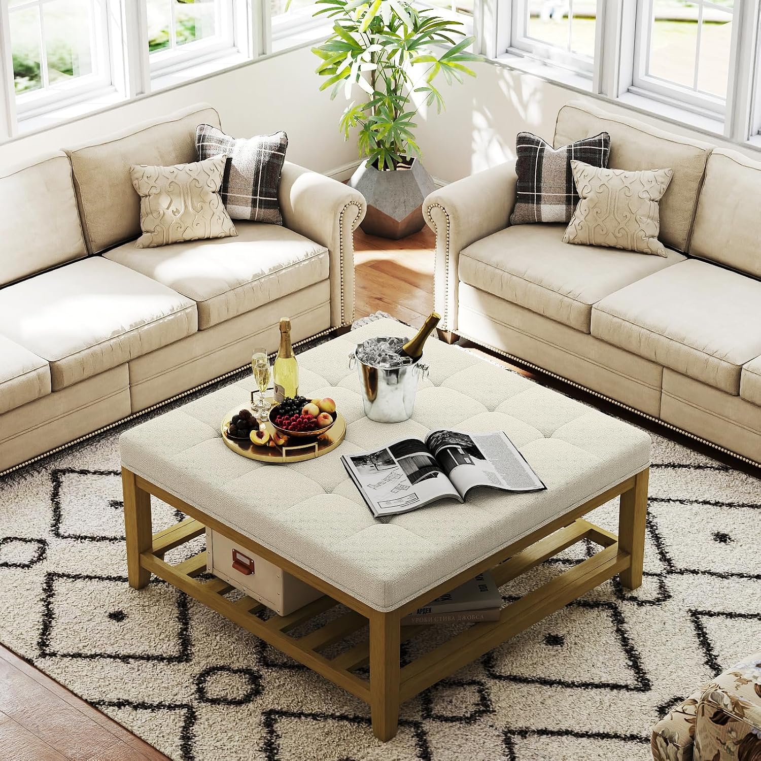 Befurtori Large Square Ottoman Coffee Table, Linen Solid Upholstered Footrest Ottoman with Solid Wood Shelf Storage Tufted Coffee Table for Bedroom Living Room, Ivory