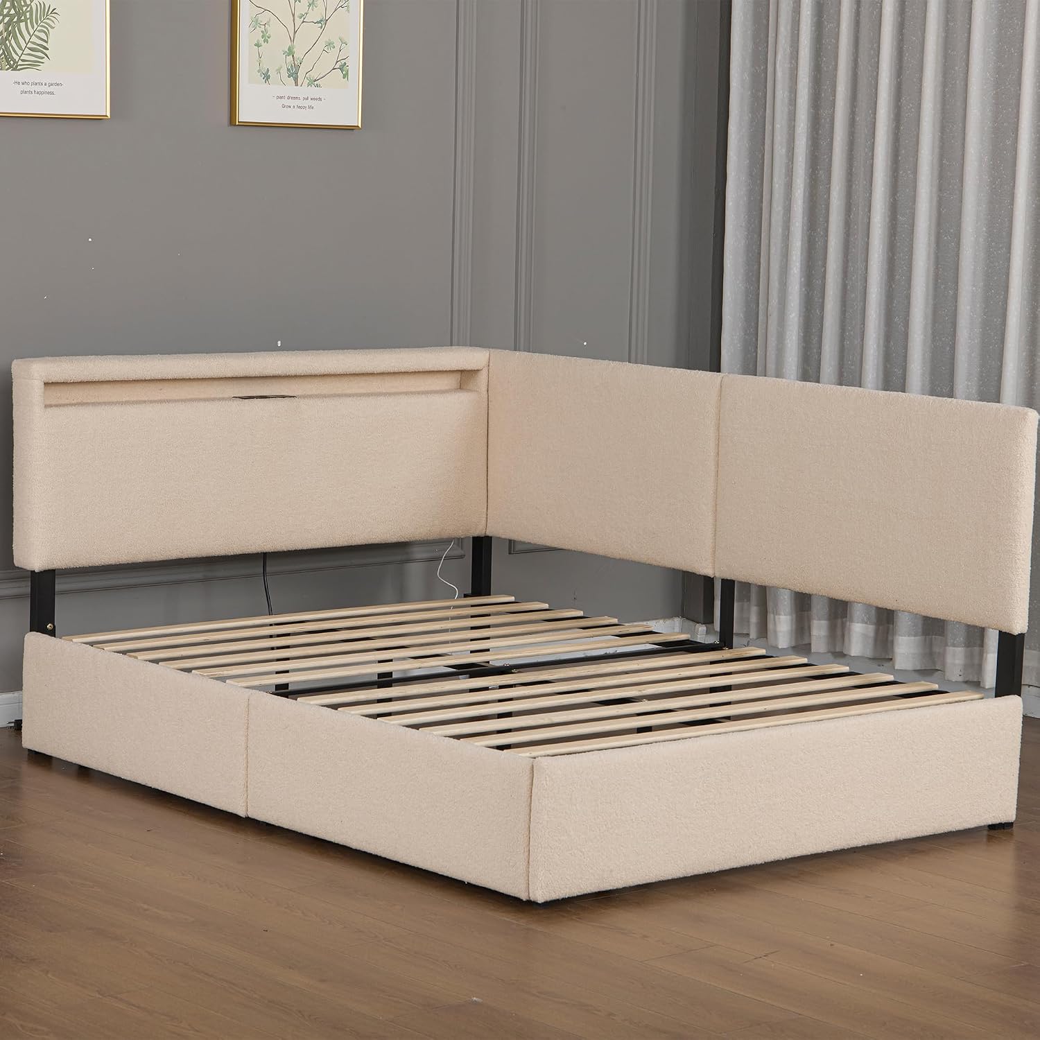 Full Size Boucle Corner Day Bed Frame with Upholstered Headboard, L-Shaped Daybed with USB Ports, Storage Drawers and Tufted Back, No Box Spring Needed, for Bedroom, Livingroom, Beige
