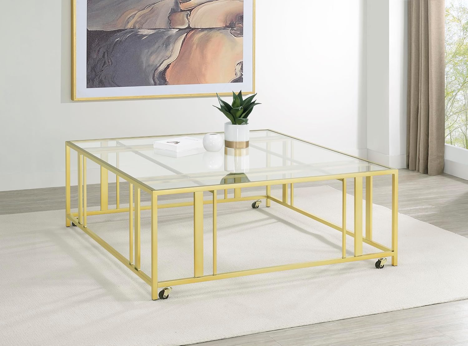 Coaster Home Furnishings - Adri - Square Glass Top Coffee Table with Geometric Base and Mobile with Rolling Casters - Contemporary - Living Room - Matte Brass - 710188