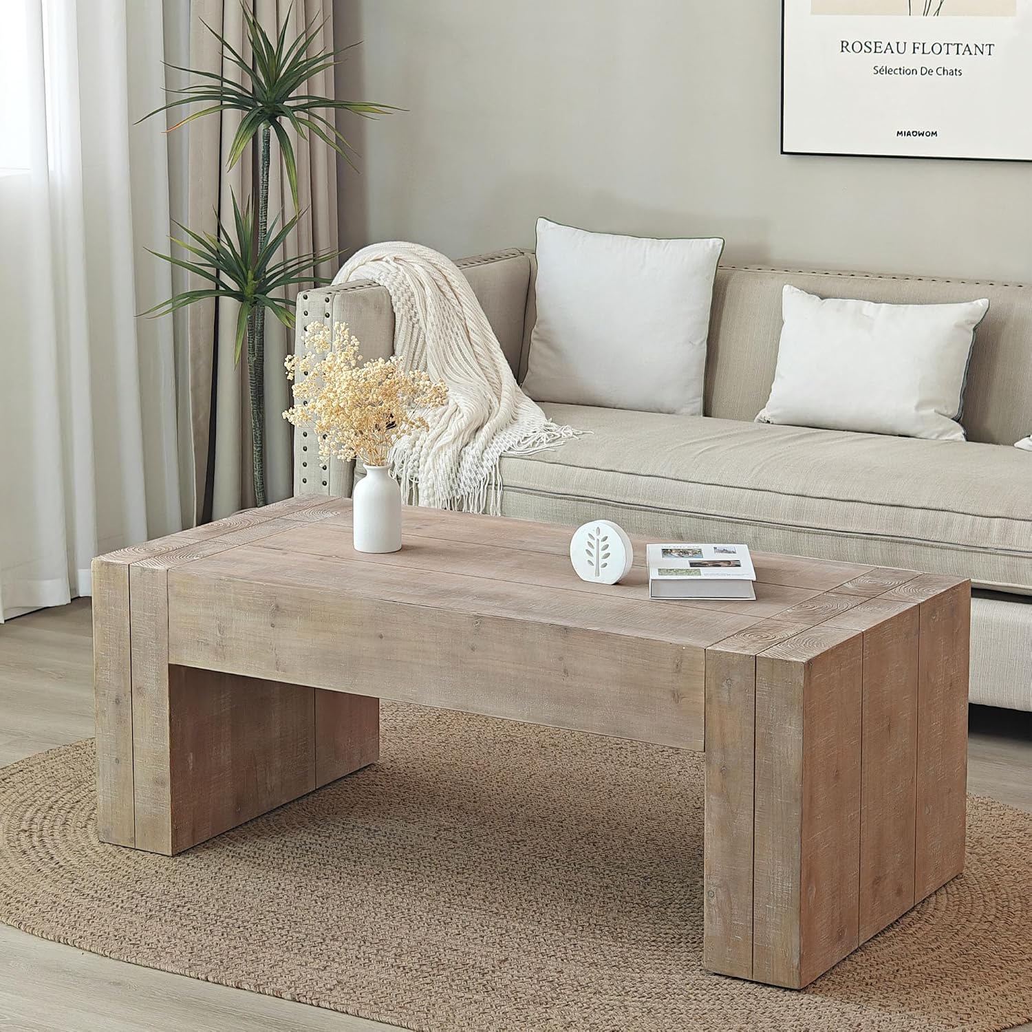 SSLine Antique Wood Coffee Table Farmhouse 49.4' Rectangular Cocktail Center Table for Living Room Thicken Fir Wood Table Top Coffee Table (Distressed Brown)