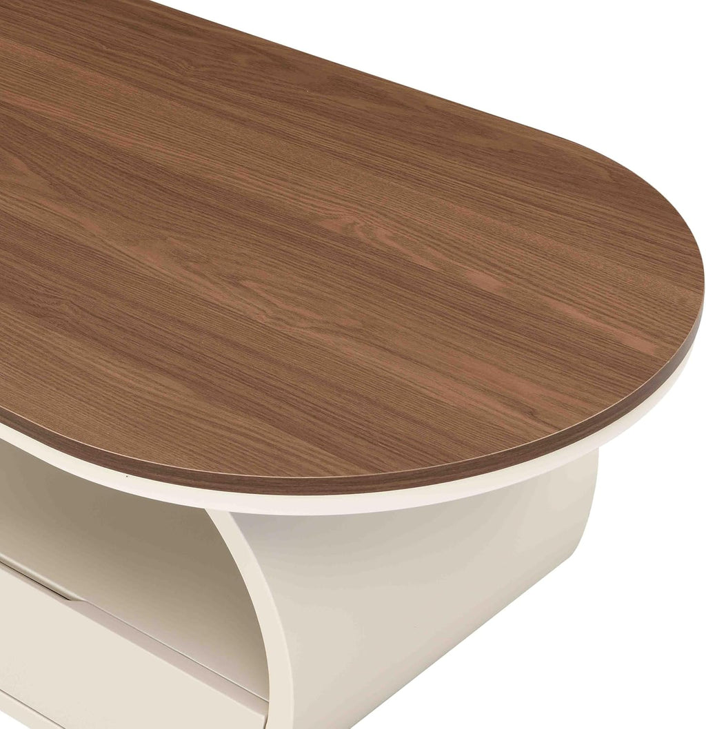 Luxury Oval Coffee Table, 47'' Modern Living Room Table with Storage Drawer, Wooden Wulnut MDF Top Sturdy Metal Base Beige White, Large Center Tables for Home Apartment