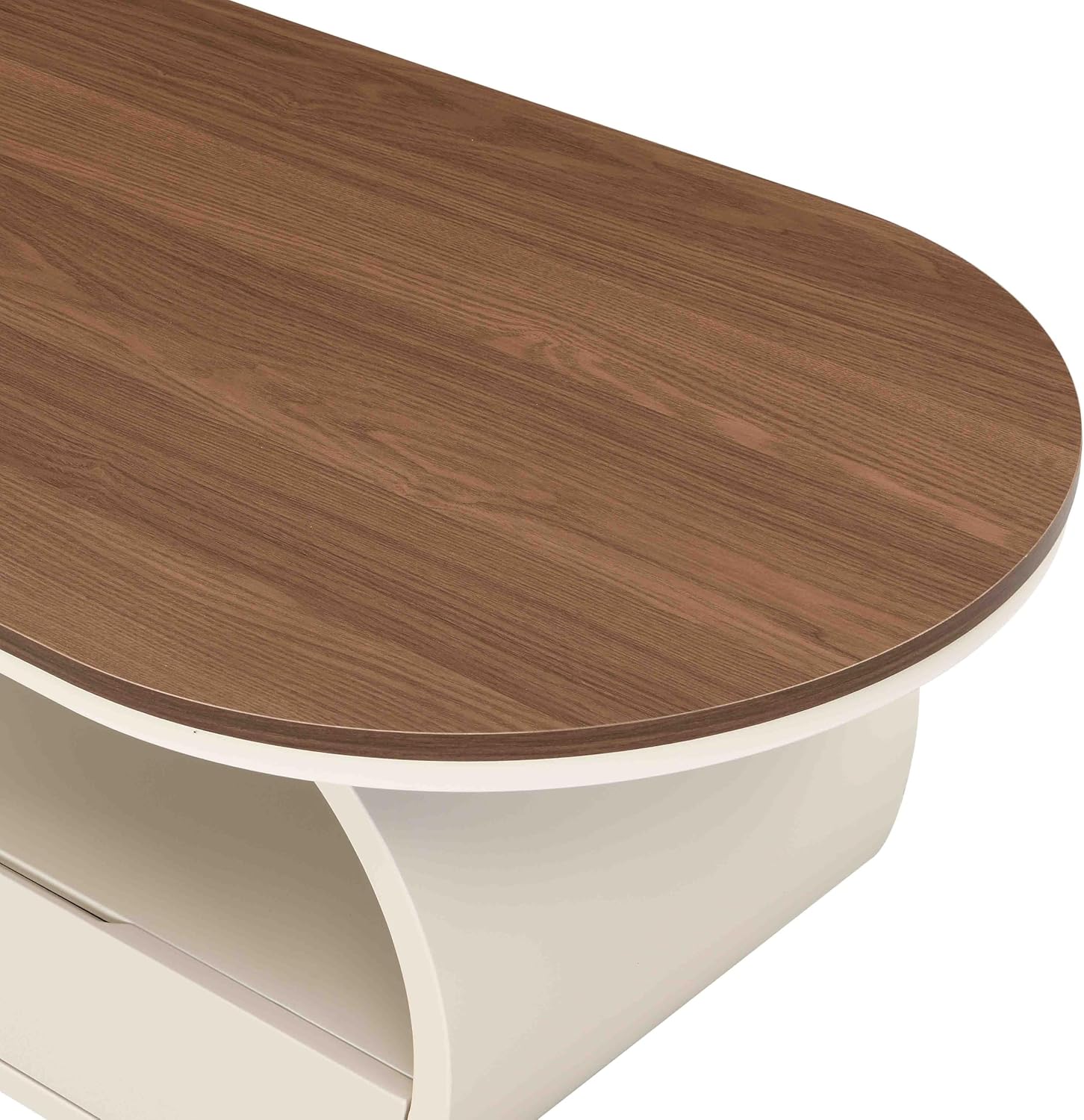 Luxury Oval Coffee Table, 47'' Modern Living Room Table with Storage Drawer, Wooden Wulnut MDF Top Sturdy Metal Base Beige White, Large Center Tables for Home Apartment