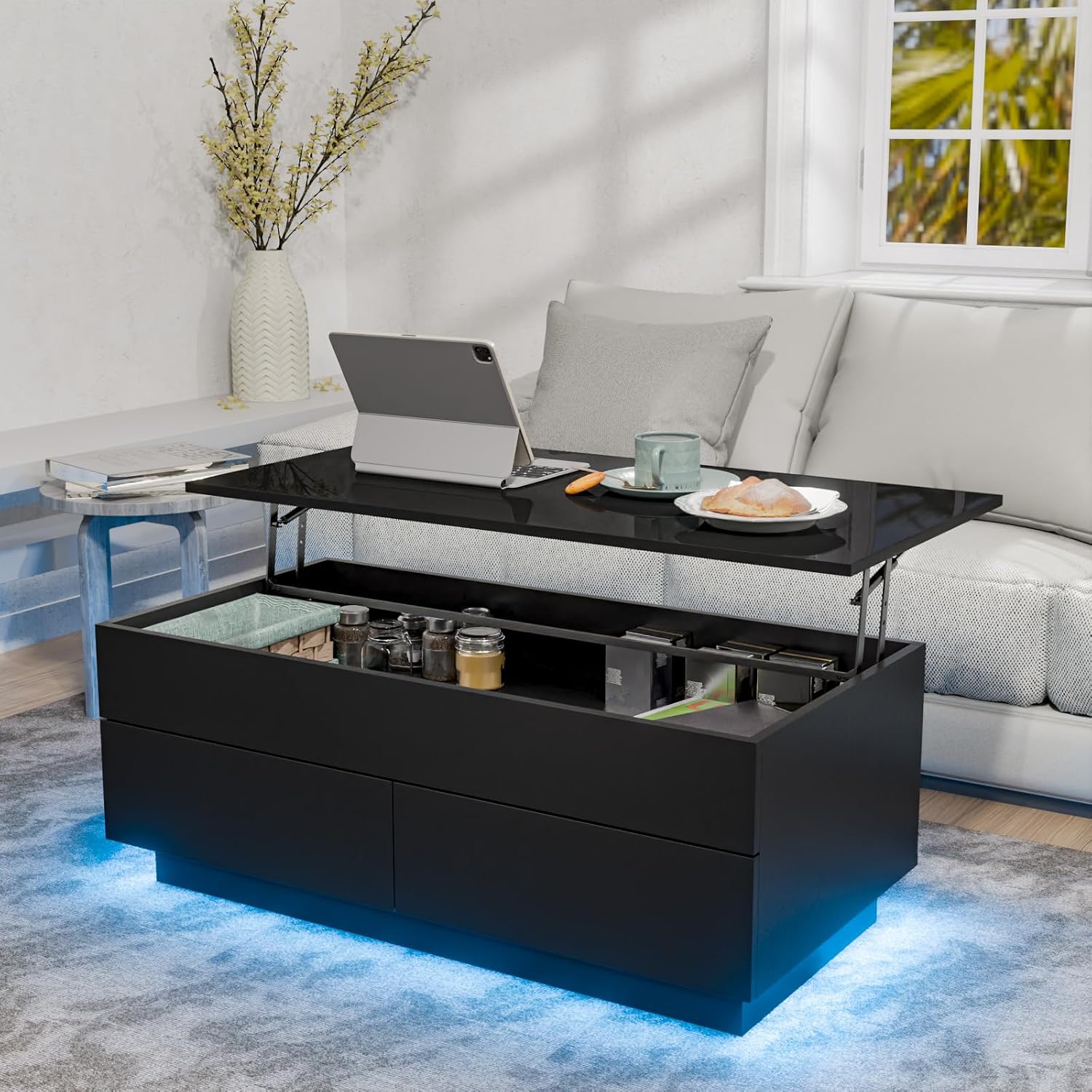 HOMMPA 40'' Lift Top Coffee Table for Living Room, Black Coffee Tables with Storage, LED Modern Coffee Table Rectangular Black Gloss, Flip Top Center Table with 2 Drawers and Hidden Compartment