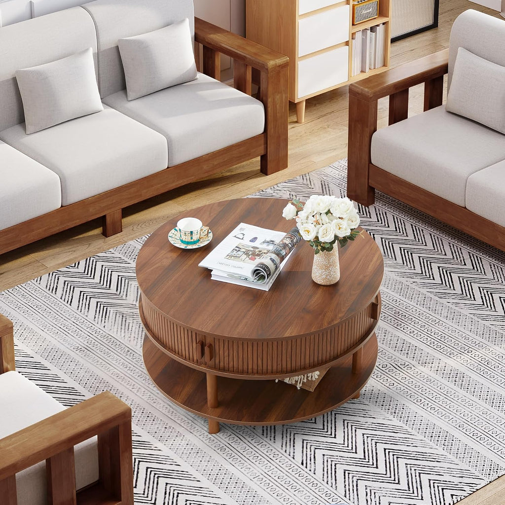 RARZOE 31.5' Round Coffee Table with Storage, Wood Circle Coffee Table with Sliding Cabinet Doors, Fluted Dining Table Accent Center Table for Living Room Home Office Apartment, Walnut