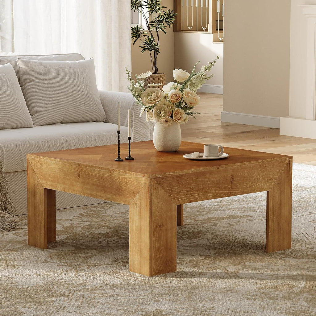 LITTLE TREE 39.4' Solid Wood Coffee Table, Square Coffee Table with Intricate Inlaid Top & Sturdy Legs, Rustic Center Tables for Living Room, Easy Assembly, Brown, 39.4' L x 39.4' W x 19.7' H