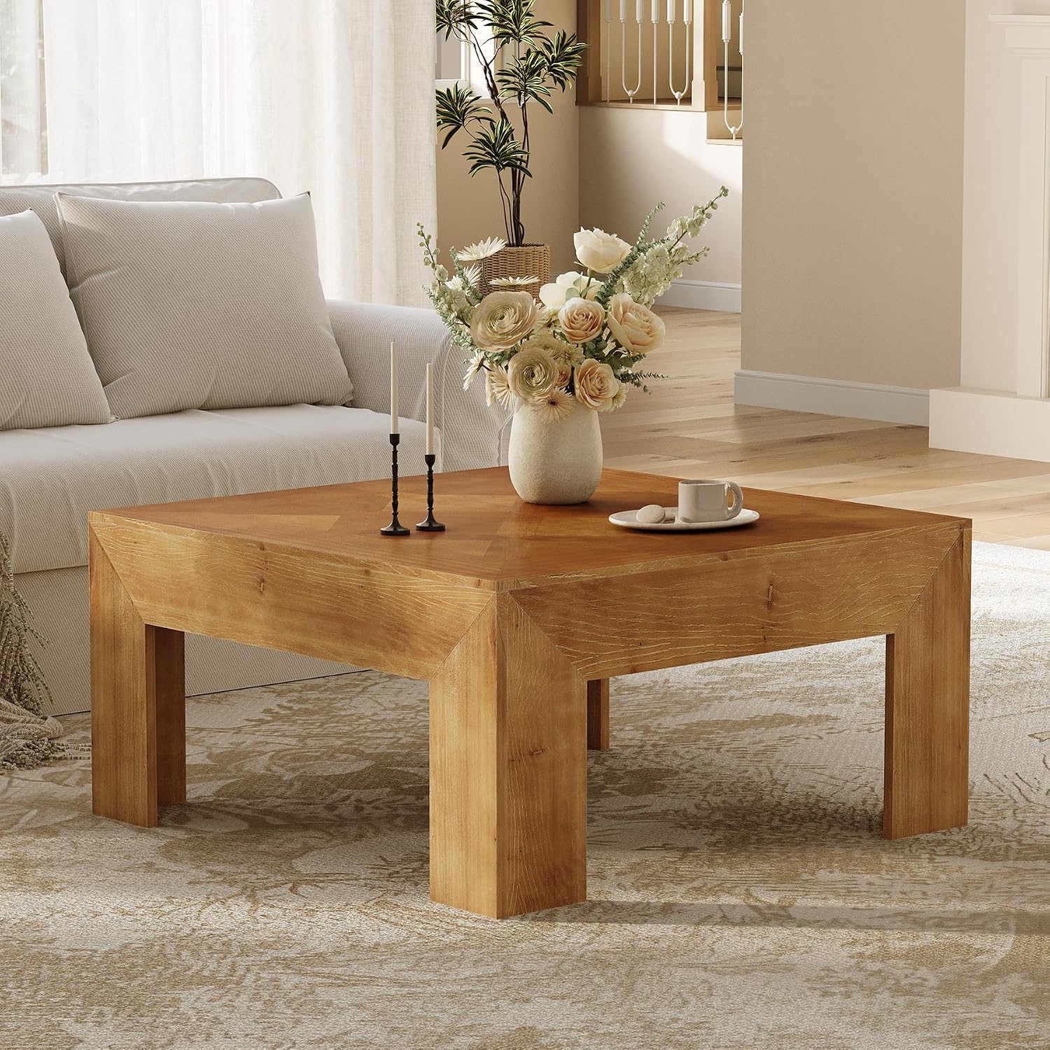 LITTLE TREE 39.4' Solid Wood Coffee Table, Square Coffee Table with Intricate Inlaid Top & Sturdy Legs, Rustic Center Tables for Living Room, Easy Assembly, Brown, 39.4' L x 39.4' W x 19.7' H
