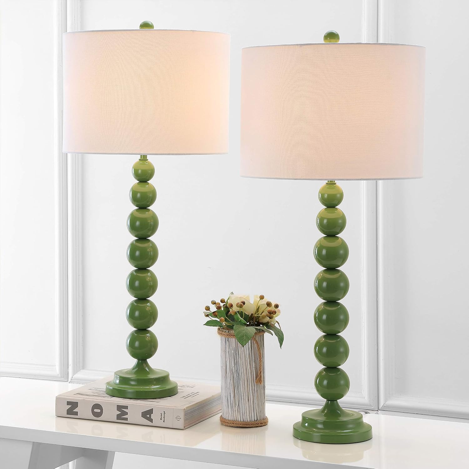SAFAVIEH Lighting Collection Jenna Modern Contemporary Green Stacked Ball 32-inch Bedroom Living Room Home Office Desk Nightstand Table Lamp Set of 2 (LED Bulbs Included)