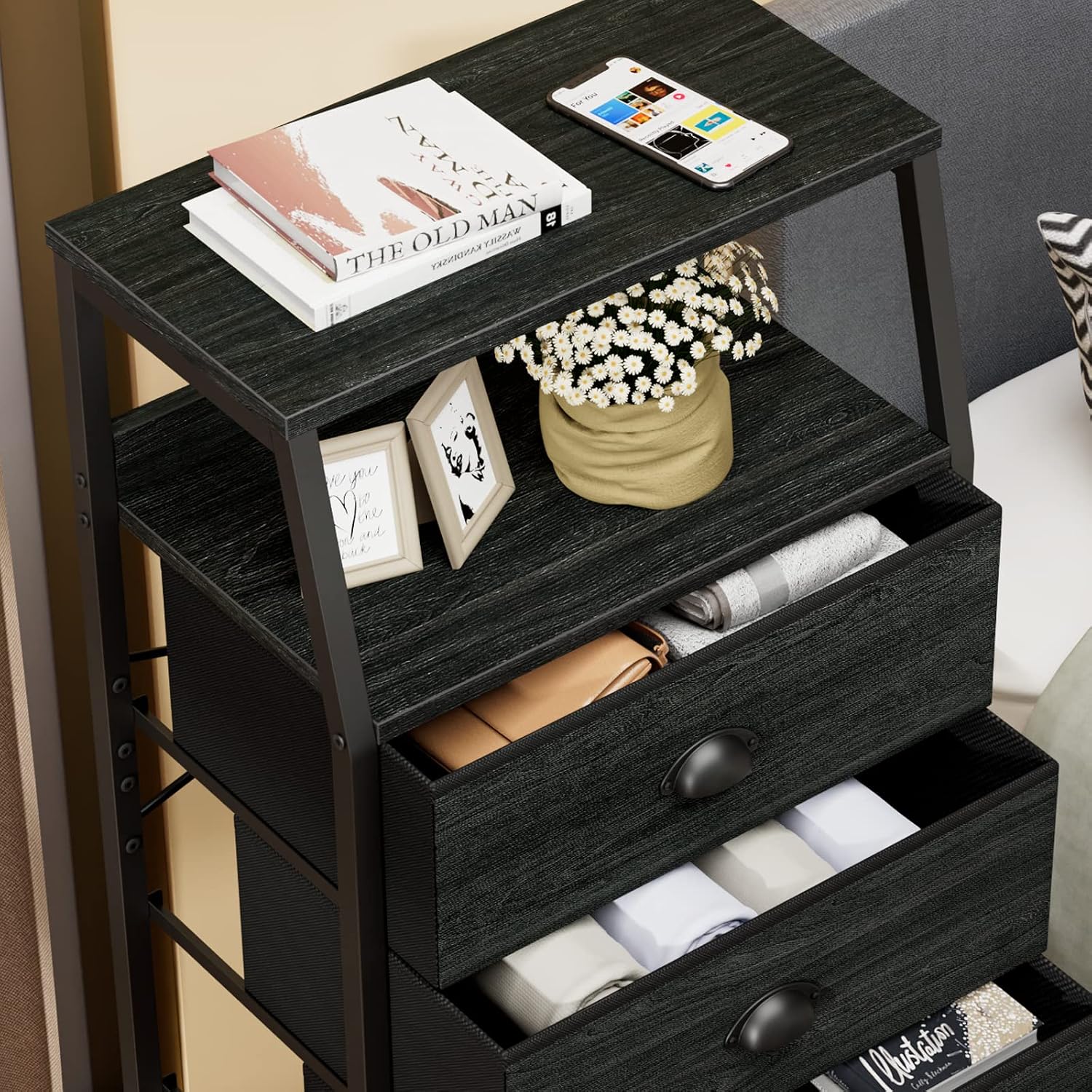 Furnulem Black Dresser with 5 Drawers, Vertical Storage Tower Fabric Dresser for Bedroom, 4-Tier Corner Shelf, Bookshelf with 2 Storage Drawers, 57.28'Tall Narrow Bookcase