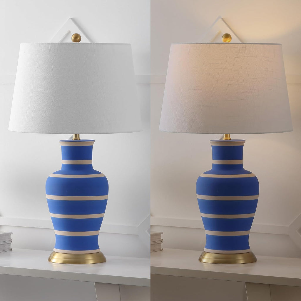 JONATHAN Y 29' Blue/Beige Traditional Ceramic Urn LED Table Lamp for Bedroom Decor, White Linen Drum Shade, Classic Nightstand Lamp for Living Room, LED Bulb Included (JYL4026L)