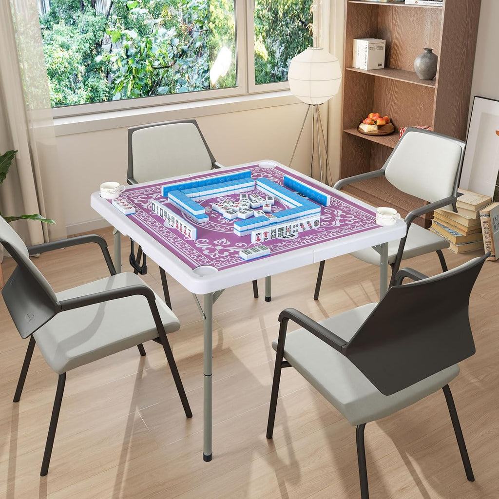 Goplus Mahjong Table, 35' Square Folding Card Table w/4Cup Holders, Anti Slip Mat, HDPE Tabletop, Metal Legs, Portable Mahjong Game Table for Domino Game, Picnic (Pink, Table w/Removable Mat)