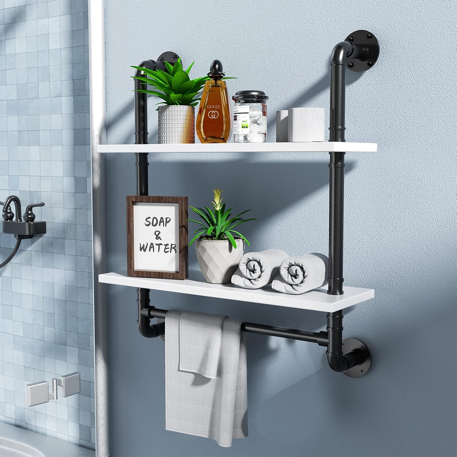 24in Industrial Pipe Shelving Bathroom 2 Tier Shelves with Towel Bar Retro White Rustic Farmhouse Pipe Industrial Wall Shelves Over Toilet for Storage