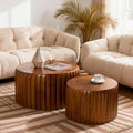 Round Nesting Coffee Table Set of 2, Mid Century Modern Wood Fluted Coffee Table, Drum Circle Coffee Tables for Living Room, No-Assembly Center Table End Side Table for Home, Office