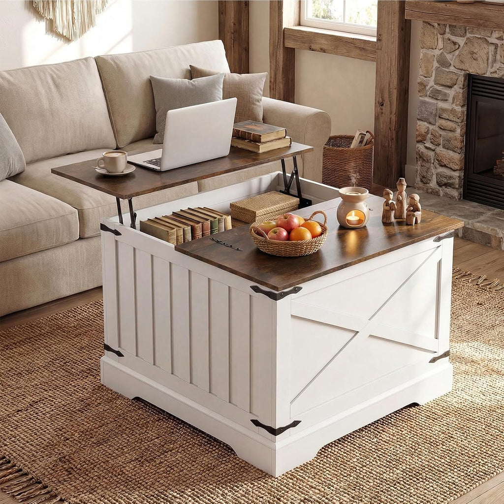 Giantex Farmhouse Lift Top Coffee Table, 31.5' Square Wood Center Table with Large Hidden Storage Compartment & Hinged Lift Top, Accent Cocktail Tea Table, Rustic Living Room Tables (Rustic Brown)