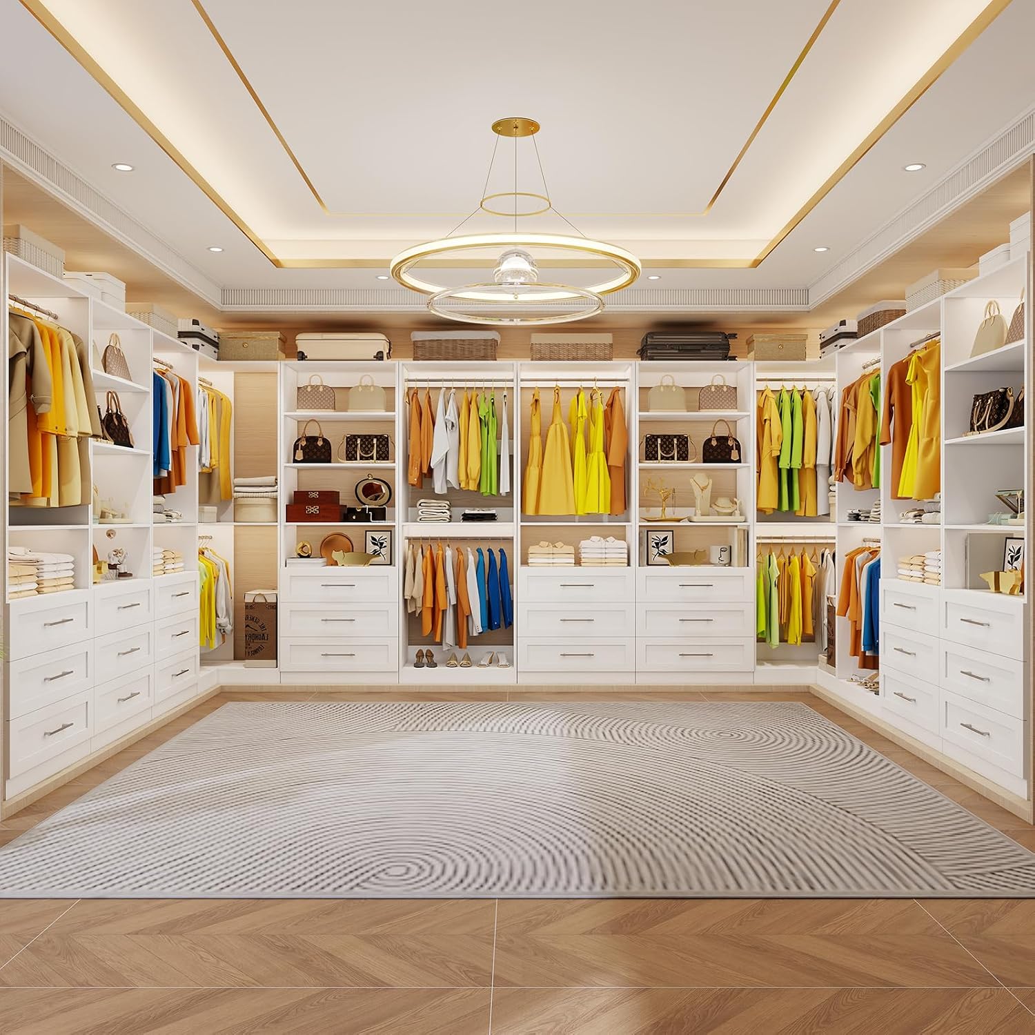 Closet System of 4 Sets with 6 Drawers, 101.9' Walk in Corner Closet System with 9 Hanging Rods & Adjustable Shelves, Custom L-Shaped Modular Closet Organizer System Wood Corner, White