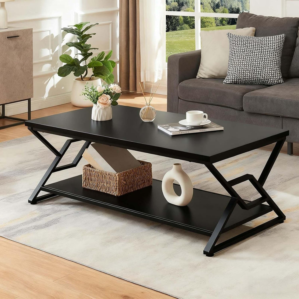 HOMISSUE Coffee Table, Rustic Rectangle Coffee Table with 2-Tier Storage, Engineered Wood Center Table with Open Shelves, Minimalist Coffee Table for Living Room, 47 Inch, Black