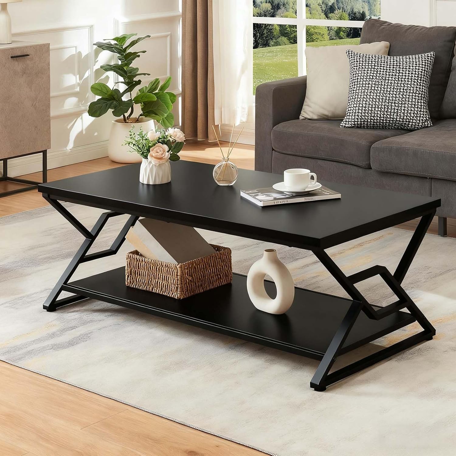 HOMISSUE Coffee Table, Rustic Rectangle Coffee Table with 2-Tier Storage, Engineered Wood Center Table with Open Shelves, Minimalist Coffee Table for Living Room, 47 Inch, Black
