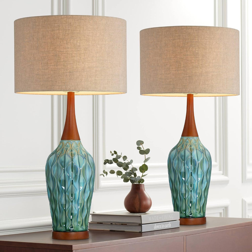 360 Lighting Rocco Mid Century Modern Table Lamps 30' Tall Set of 2 Blue Teal Glaze Ceramic Cherry Wood Tan Fabric Drum Shade for Cottage Core Bedroom Living Room Bedside Nightstand House Home