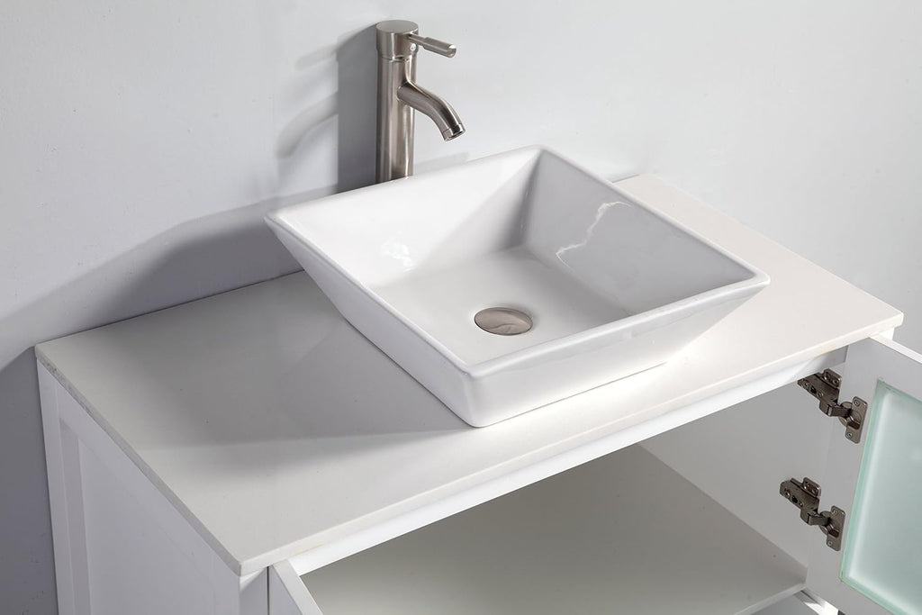 Vanity Art 30 Inch Vessel Single Sink Bathroom Vanity Cabinet with 1 Mirror, Engineered Marble Top Bathroom Cabinet Compact Set with 2 Dovetail Drawers and Soft Closing Doors, VA3130-W