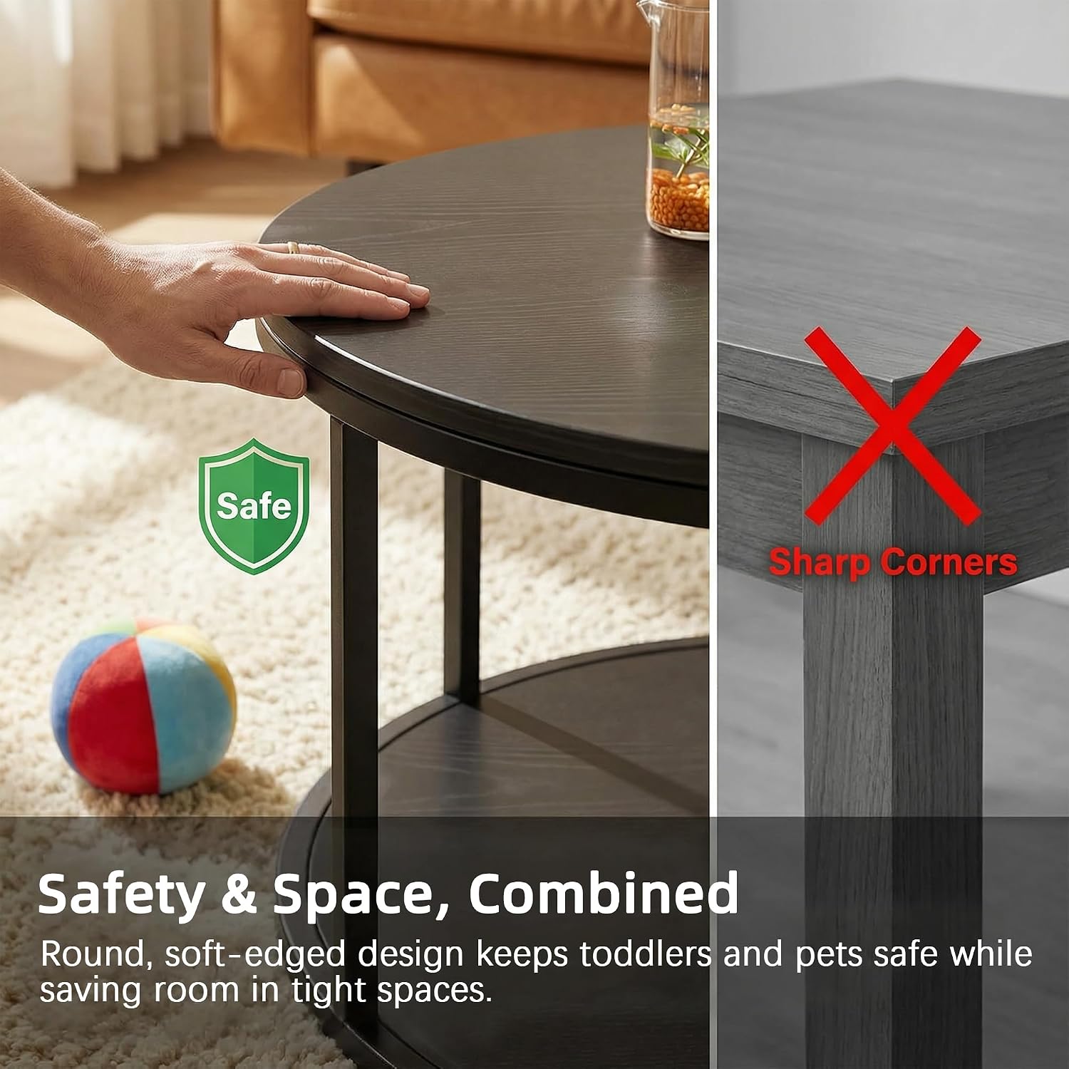 YESHOMY 36' Round Coffee Table, 2-Tier Wood Center Table with Storage Shelf, Heavy-Duty Metal Frame, Easy Assembly, Ideal for Living Room & Small Spaces, Black