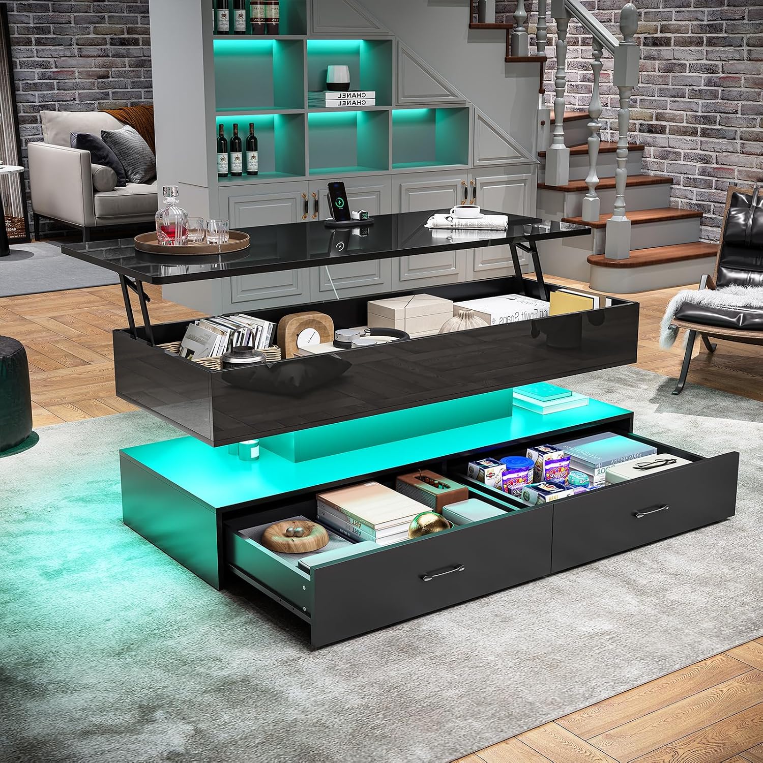 SEDETA 47.2' Lift Top Coffee Table, Coffee Tables with Storage for Living Room, 2 Drawers Coffee Table with Power Outlet & LED Light for Dining Reception Room, High Gloss Black