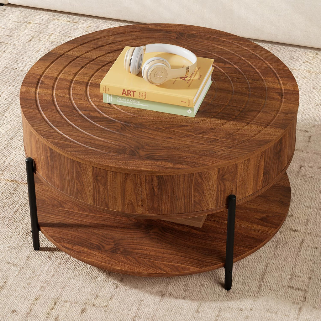 RARZOE 30.5' Round Coffee Table with Storage, Wooden Circle Coffee Table with Drawer, Storage Shelf, Metal Legs，Small Dining Table Accent Center Table for Living Room Home Office Apartment,Walnut