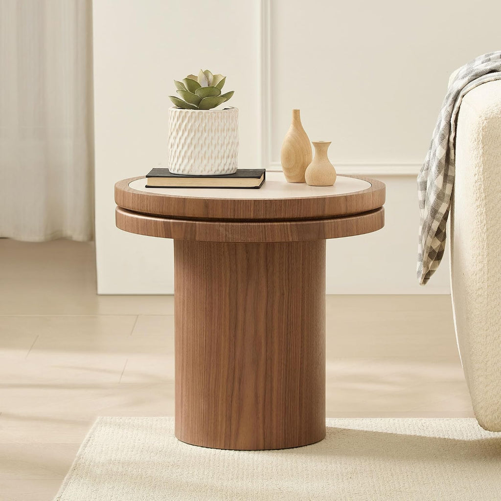 JUSTONE 19.49 '' Round Fluted Coffee Table Small Accent Table for Living Room,Modern Small Accent Table Sofa Side End Table for Living Room,Home Balcony(Walnut)