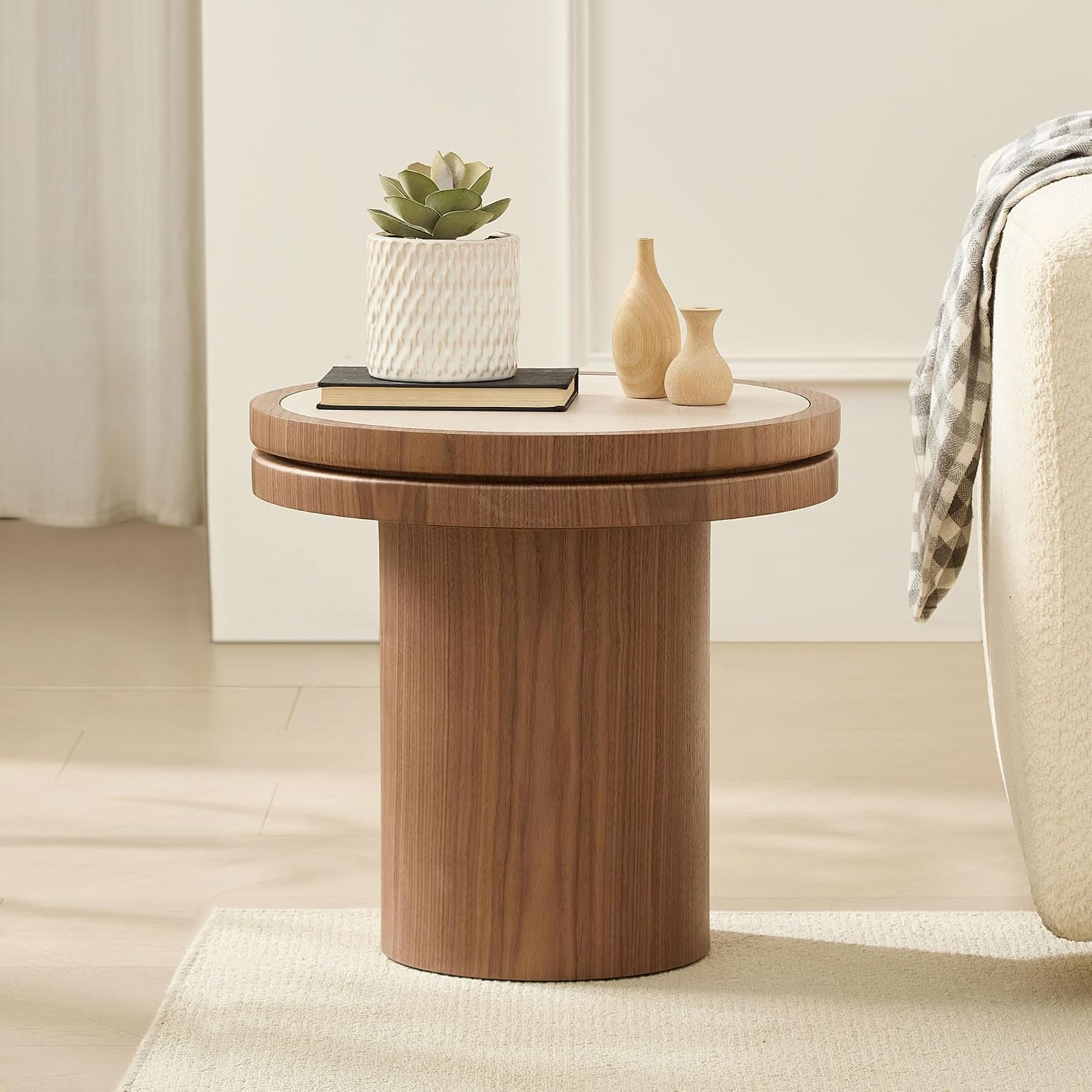 JUSTONE 19.49 '' Round Fluted Coffee Table Small Accent Table for Living Room,Modern Small Accent Table Sofa Side End Table for Living Room,Home Balcony(Walnut)