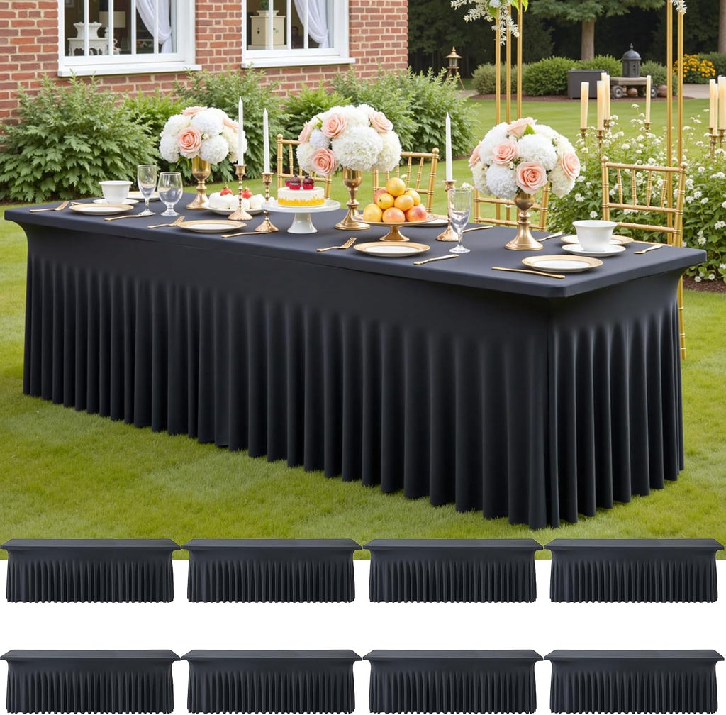 8 Pack Spandex Black Table Clothes for 8 Foot Rectangle Tables, Wrinkle Free Stretch Table Cloths 8FT, Fitted Table Cover Desk Skirt for Parties Weddings Birthday Banquet Events