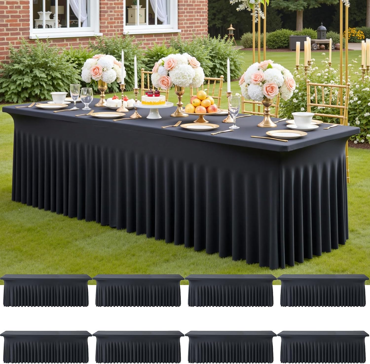 8 Pack Spandex Black Table Clothes for 8 Foot Rectangle Tables, Wrinkle Free Stretch Table Cloths 8FT, Fitted Table Cover Desk Skirt for Parties Weddings Birthday Banquet Events