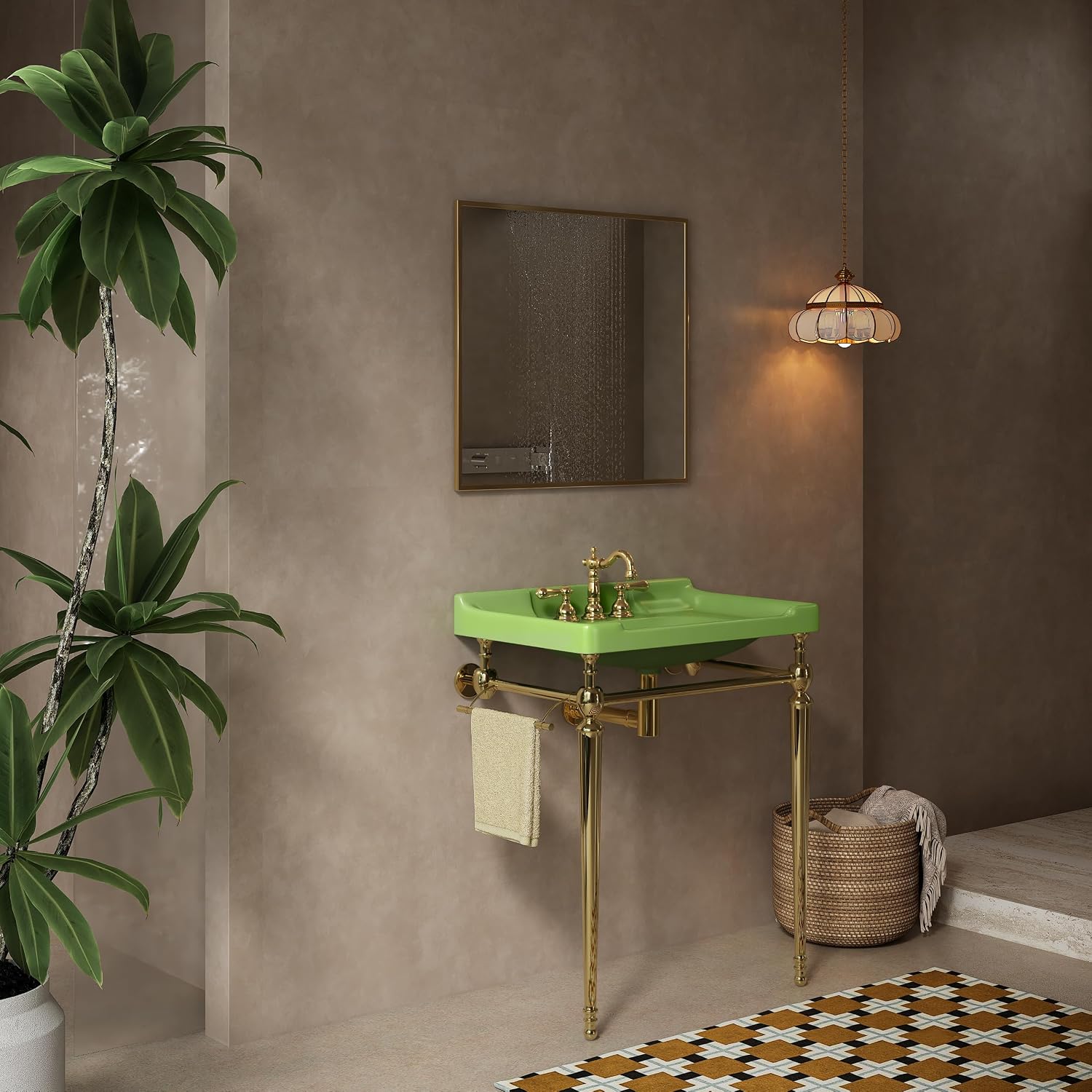 28' Bathroom Console Sink, Wall-Mounted White Ceramic Vanity Basin with 3 Pre-drilled Faucet Holes, Freestanding Gold Stainless Steel Support Legs with Towel Bar, No Faucet - Rome, Green