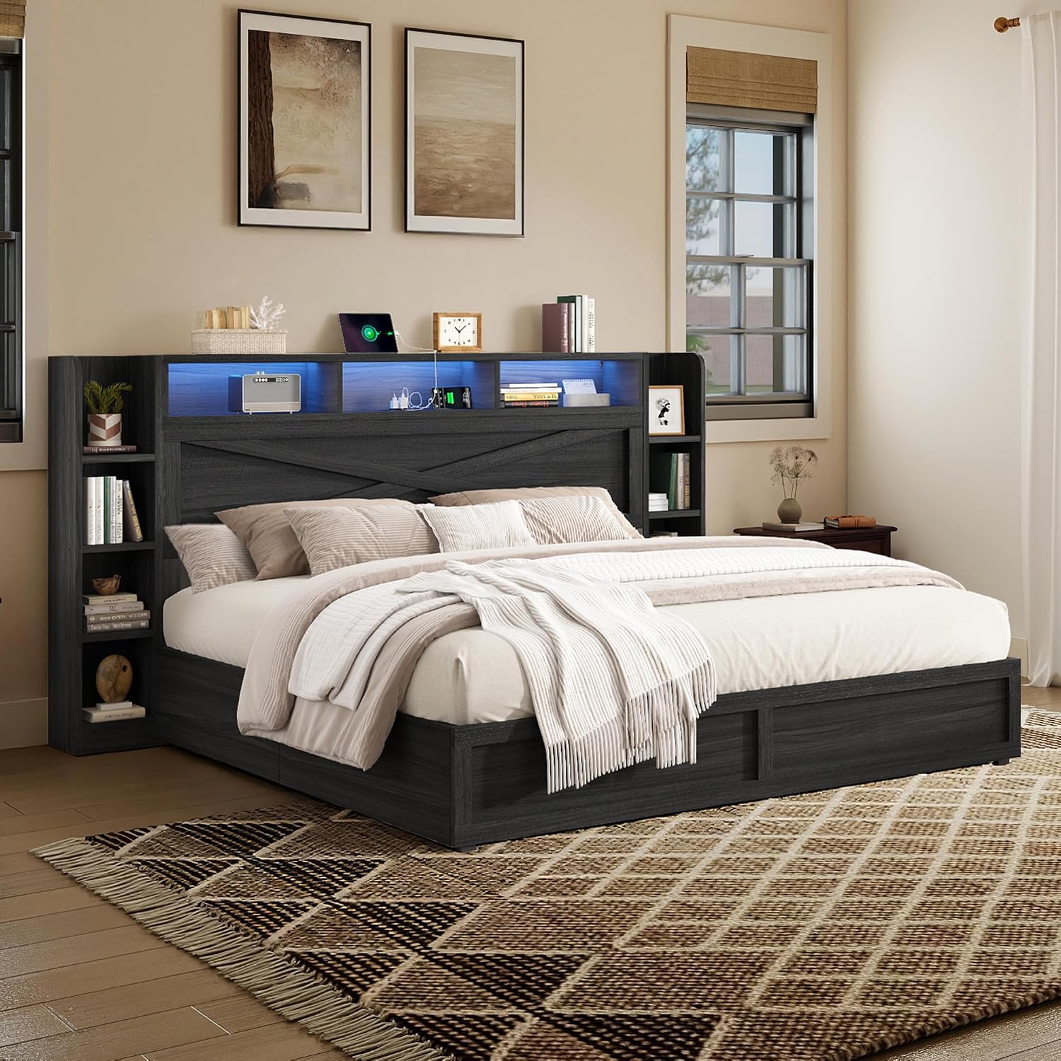 AMERLIFE 45'' Farmhouse Queen Bed Frame with 4 Drawers, LED Bed Frame with Bookcase Headboard & Side Shelves, Wood Platform Bed with Charging Station, Black
