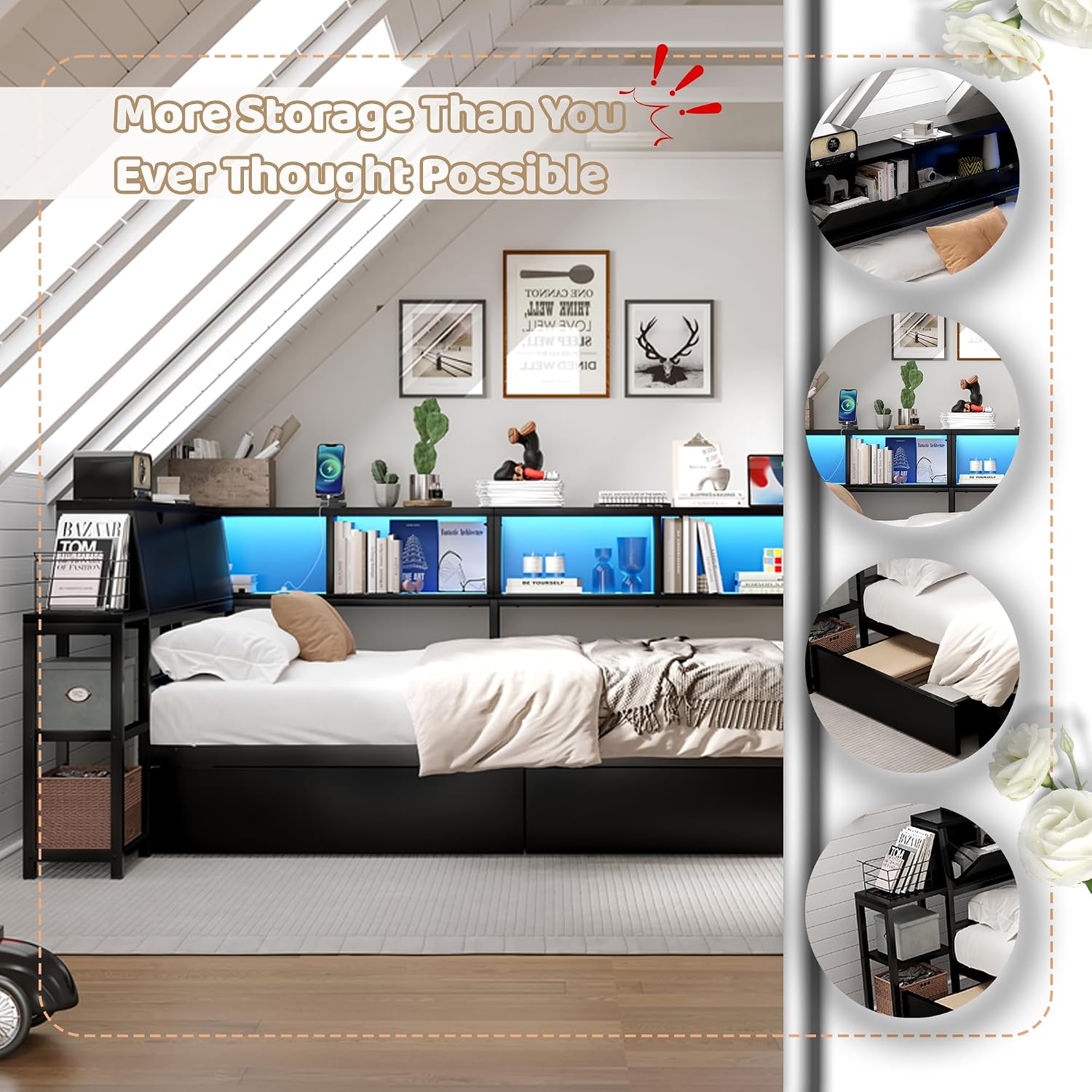 Full Size Corner Bed Frame with Desk & Charging Station, Full Corner Daybed with Storage Drawers, LED Light and 6 Bookcase, Metal Corner Bed Frame Full for Living Room Bedroom Guest Room, Black