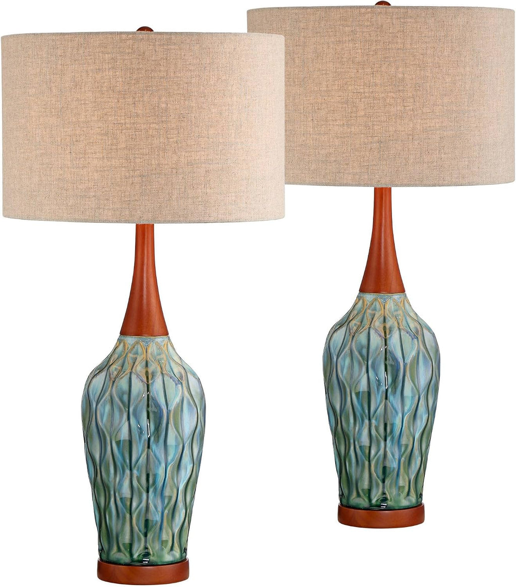 360 Lighting Rocco Mid Century Modern Table Lamps 30' Tall Set of 2 Blue Teal Glaze Ceramic Cherry Wood Tan Fabric Drum Shade for Cottage Core Bedroom Living Room Bedside Nightstand House Home