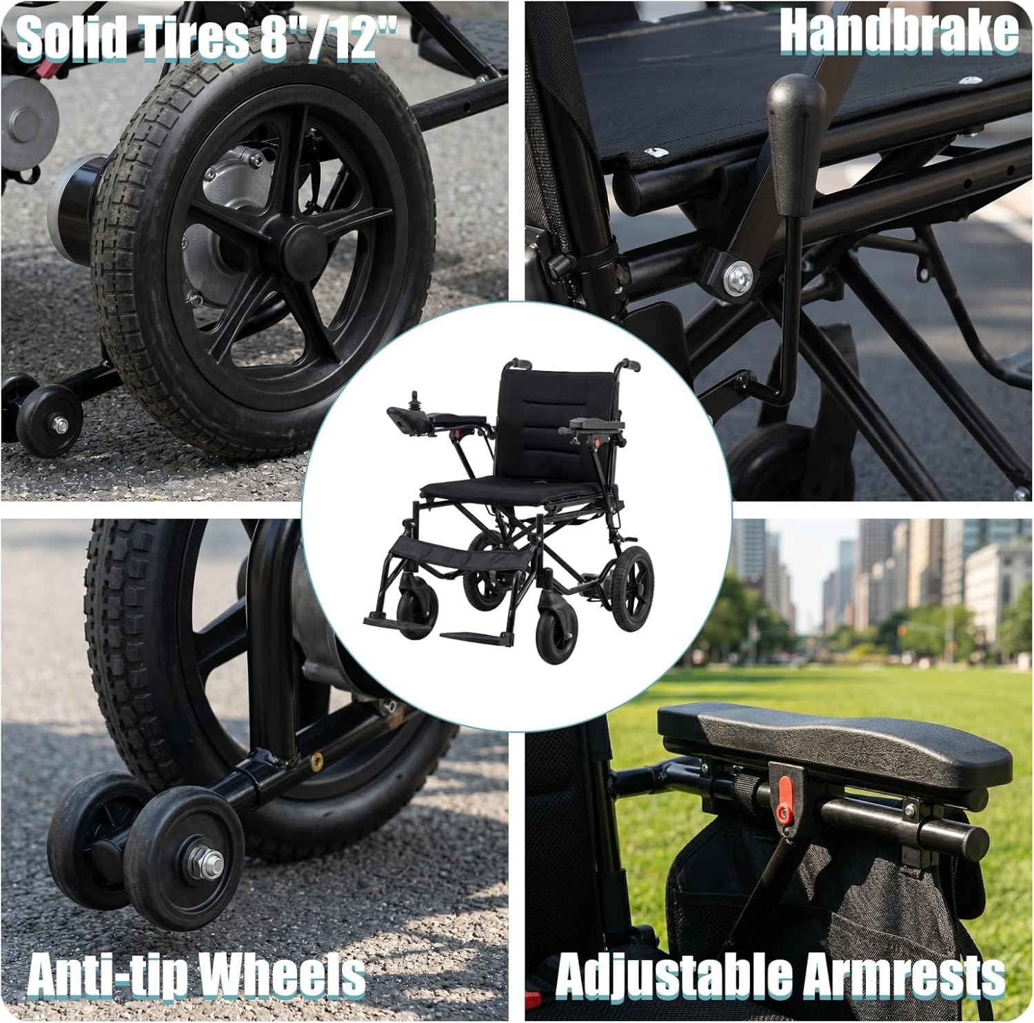 15 Miles Foldable Electric Wheelchair with 500W Brushless Motors, Motorized Wheelchair with 12AH Lithium Battery, 12' Rear Solid Tires, for Adults Seniors