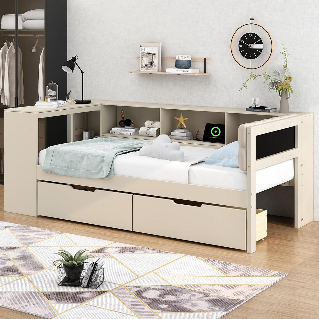 Bellemave Twin Size Corner Bed Frame with Storage Drawers and Desk,Captain Daybed with L-Shaped Bookcase,Corner Bed Frame Twin Size with Charging Station for Kids,Teens,Guests,Cream