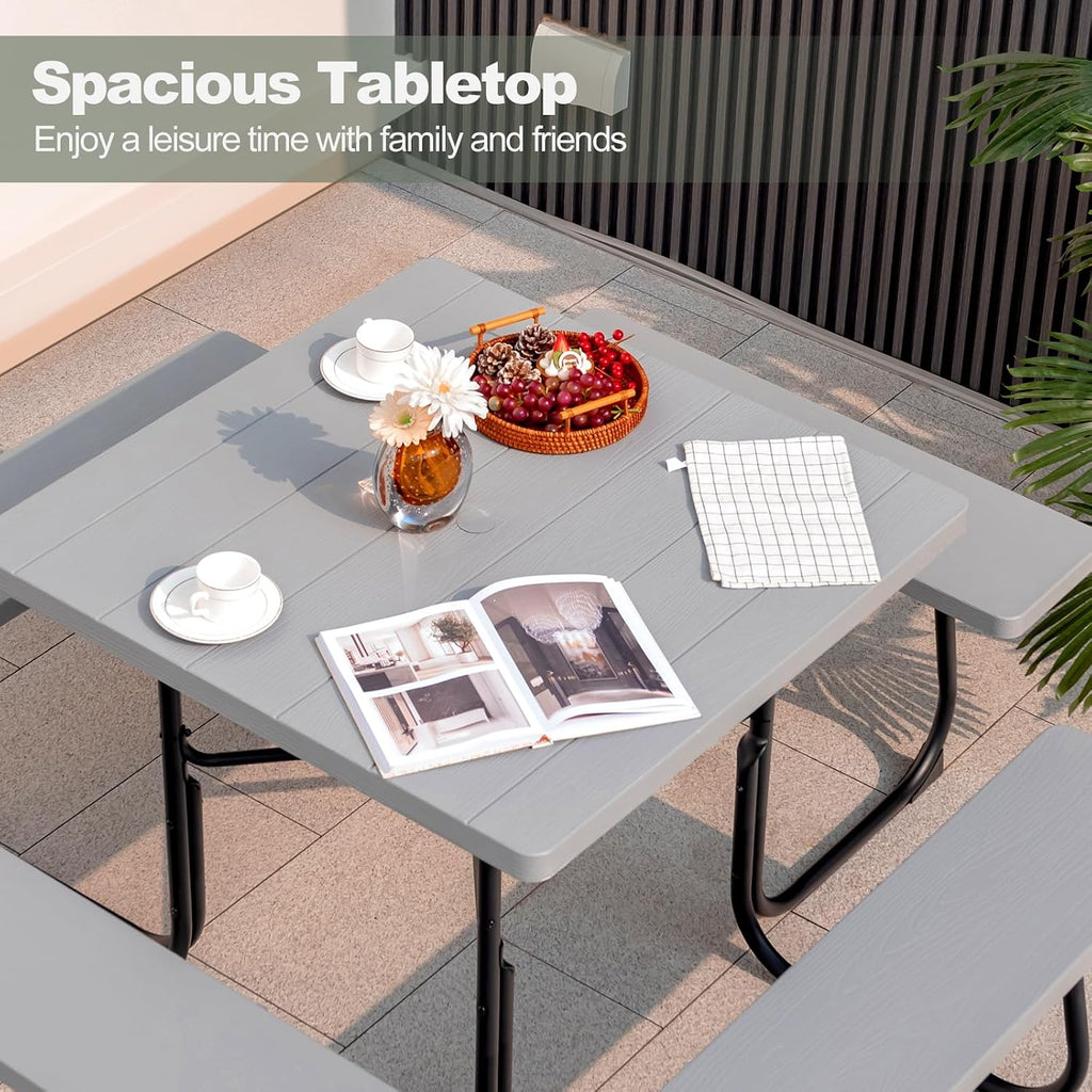 Tangkula 8 Person Picnic Table, Outdoor Square Picnic Table with 4 Built-in Benches, Umbrella Hole, Metal Frame & HDPE Tabletop, Outside Table and Bench Set for Backyard, 2300lbs Weight Capacity