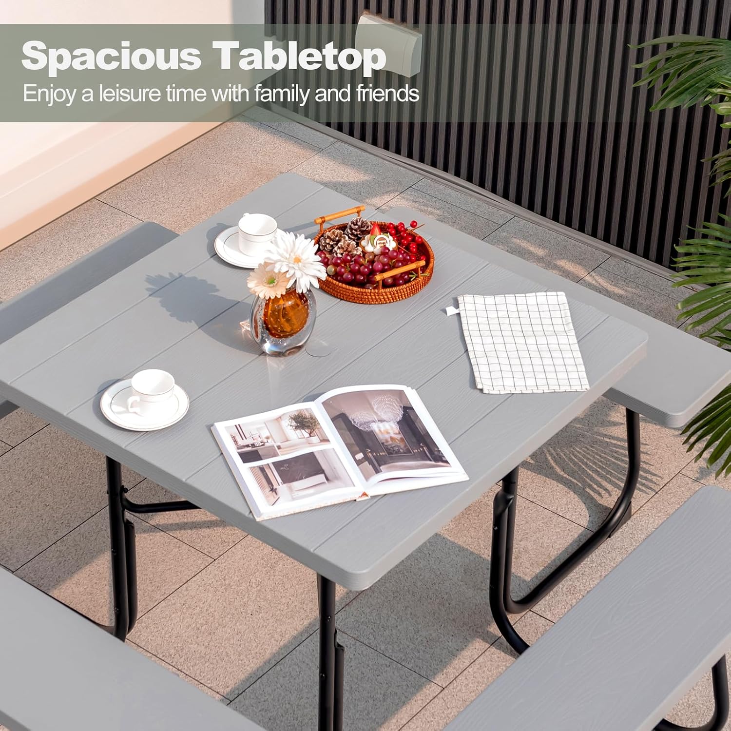 Tangkula 8 Person Picnic Table, Outdoor Square Picnic Table with 4 Built-in Benches, Umbrella Hole, Metal Frame & HDPE Tabletop, Outside Table and Bench Set for Backyard, 2300lbs Weight Capacity