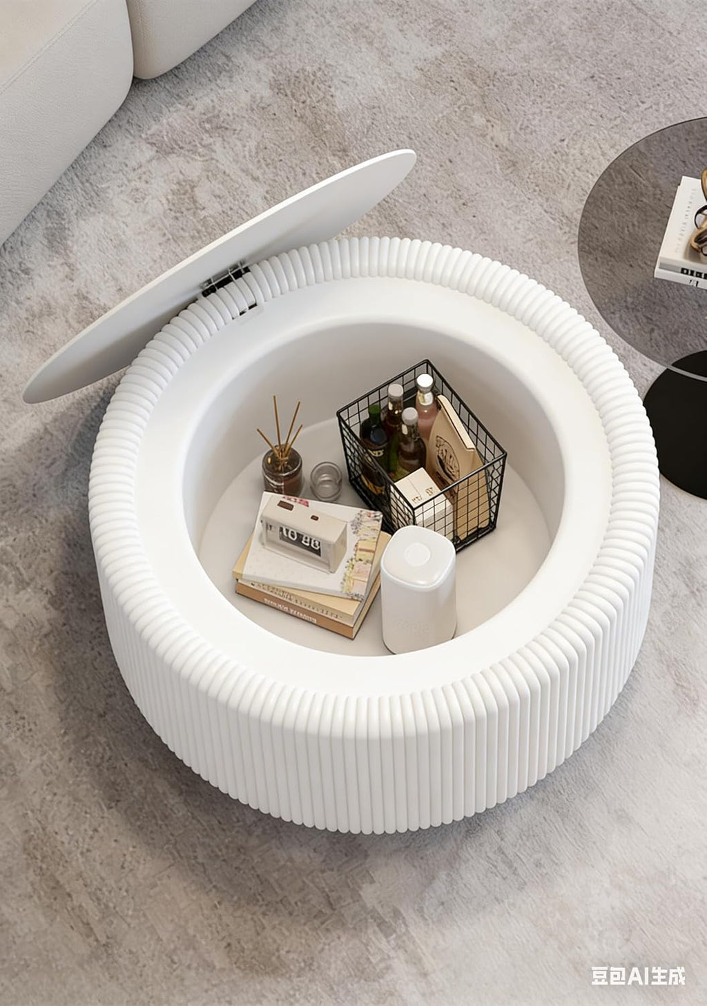 31.5'' Round Coffee Table with Storage, Modern Circle Fluted Drum Pedestal Coffee Table for Living Room, Tempered Glass Moveable Lid & PU Leather Body & Baked Enamel Leg, White