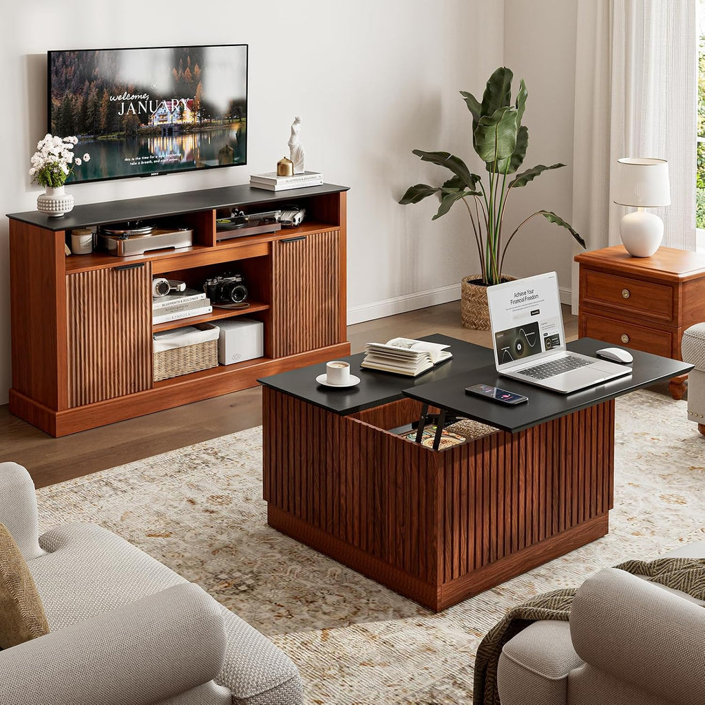 LCRBOL 31.5' Lift Top Coffee Table with Storage, Mid-Century Coffee Tables for Living Room, Square Dining Table with Large Hidden Storage Compartment & Adjustable Shelves, Walnut & Black