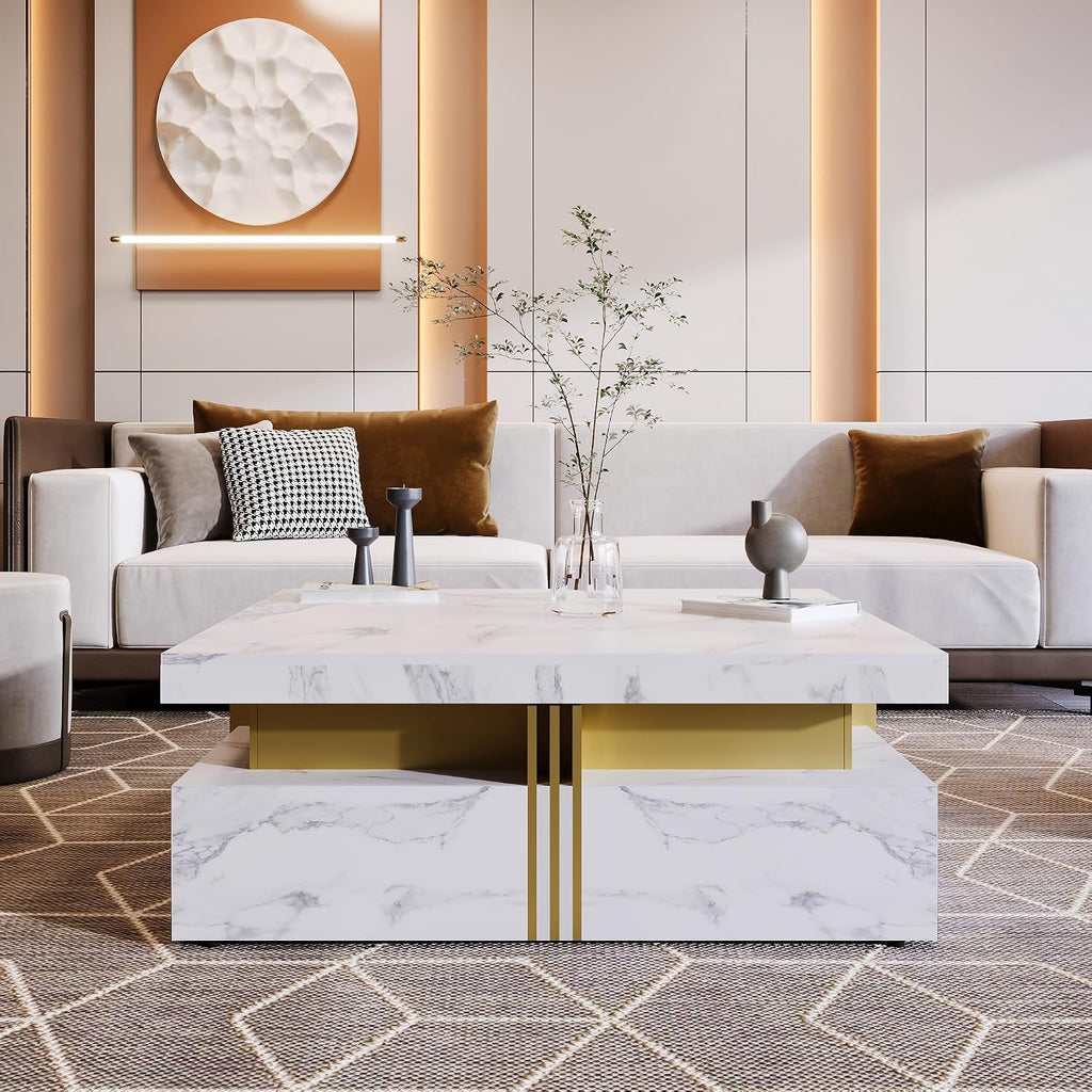 Modern White Square Storage Coffee Table with 4 Drawers for Living Room