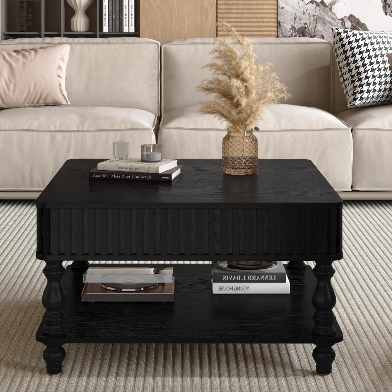 31.50' Square Fluted Lift-Top Coffee Table with Hidden & Open Storage, Modern Center Table with Hydraulic Raising Mechanism, Retro Tea Table with Solid Wood Legs for Living Room Apartment, Black