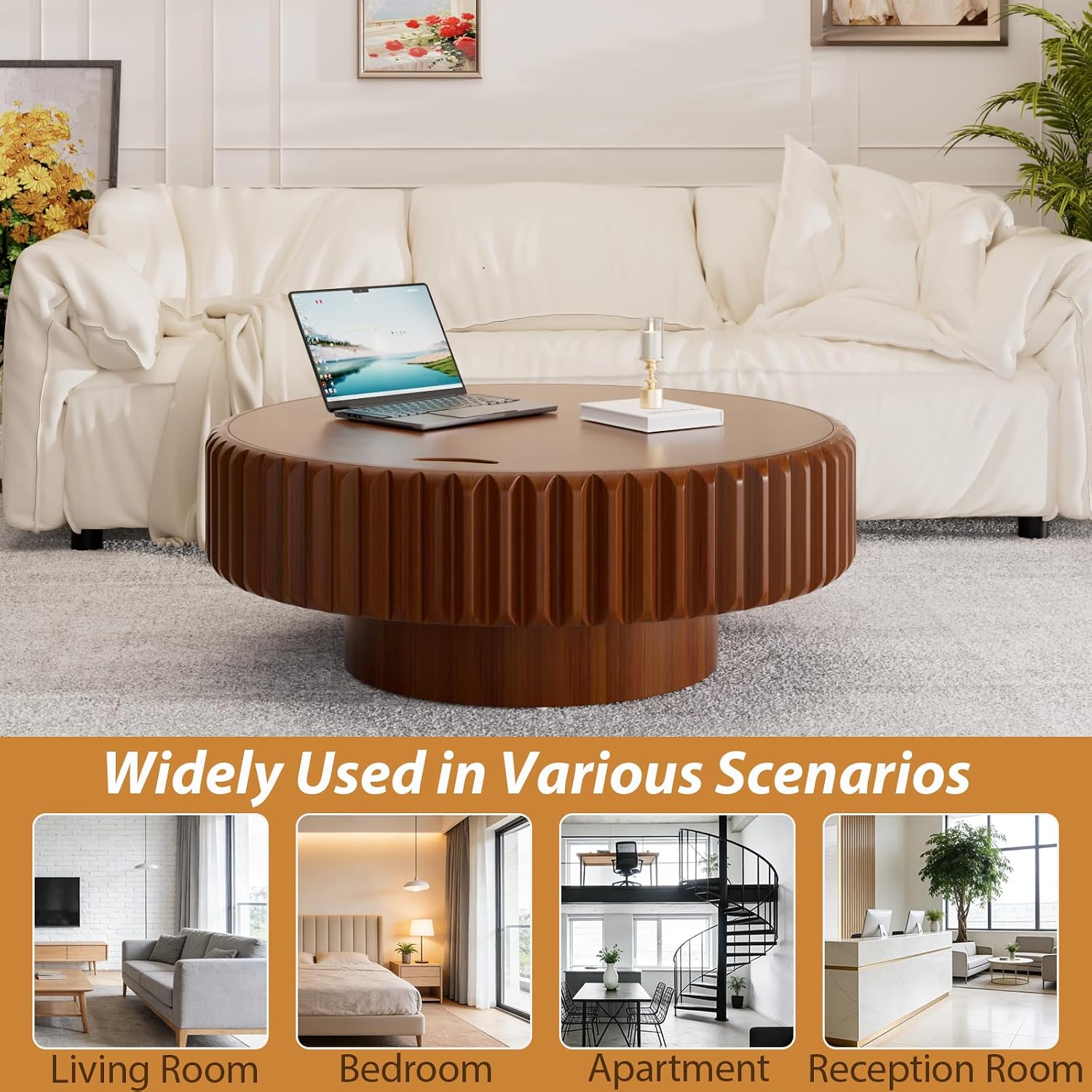 Drum Coffee Table with Hidden Storage, Modern Round Coffee Table for Living Room Circle Center Table with Solid Wood Fluted Veneered, Accent Tea Table for Small Space Apartment (Walnut 31.5 inch)