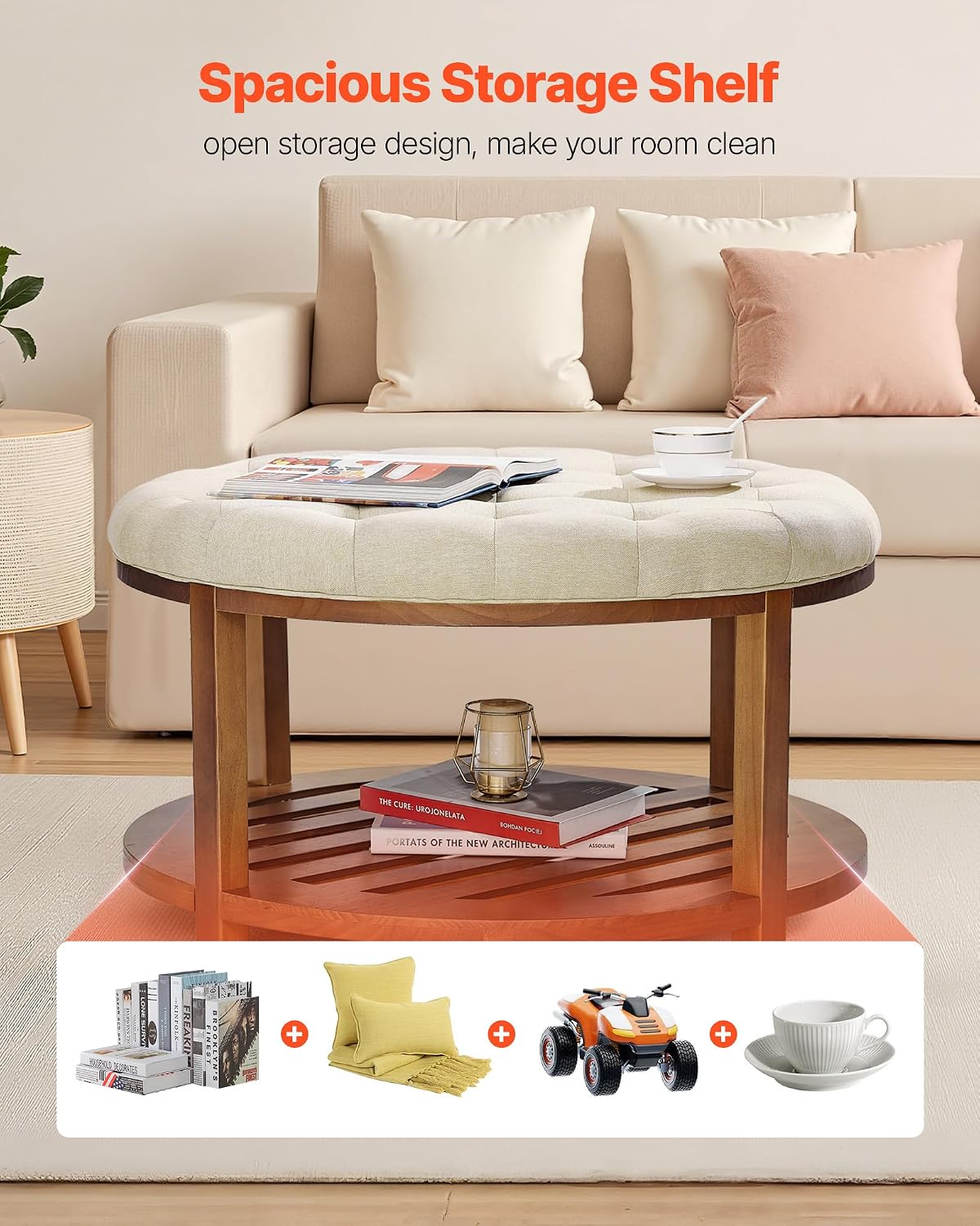 VEVOR Large Round Ottoman Coffee Table, 31.9 Inch Tufted Coffee Table with Solid Wood Shelf Storage, Linen Solid Upholstered Footrest Ottoman for Bedroom Living Room, 350 LBS, Linen Color