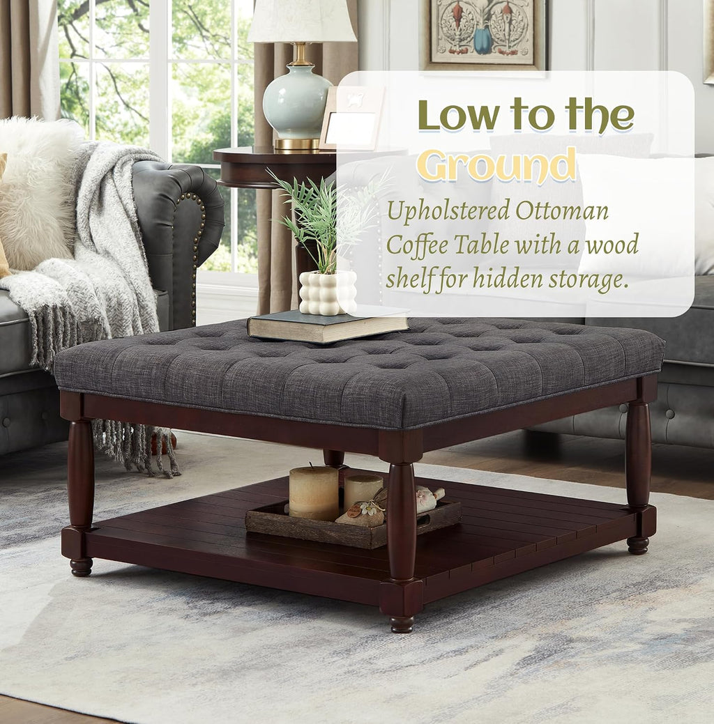 Ottoman Coffee Table, Upholstered Square Coffee Table with Storage Solid Wood Shelf, Linen Large Footrest Ottoman Pouf for Living Room, Dark Gray