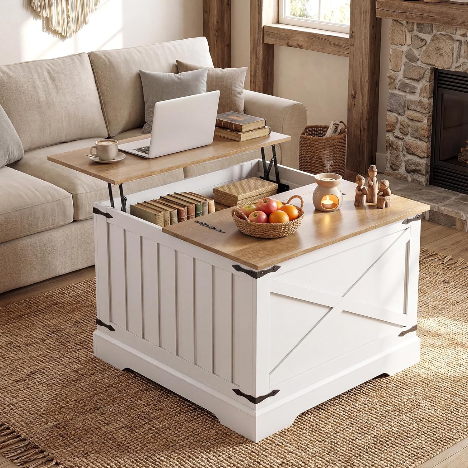 Giantex Farmhouse Lift Top Coffee Table, 31.5' Square Wood Center Table with Large Hidden Storage Compartment & Hinged Lift Top, Accent Cocktail Tea Table, Rustic Living Room Tables (Oak)