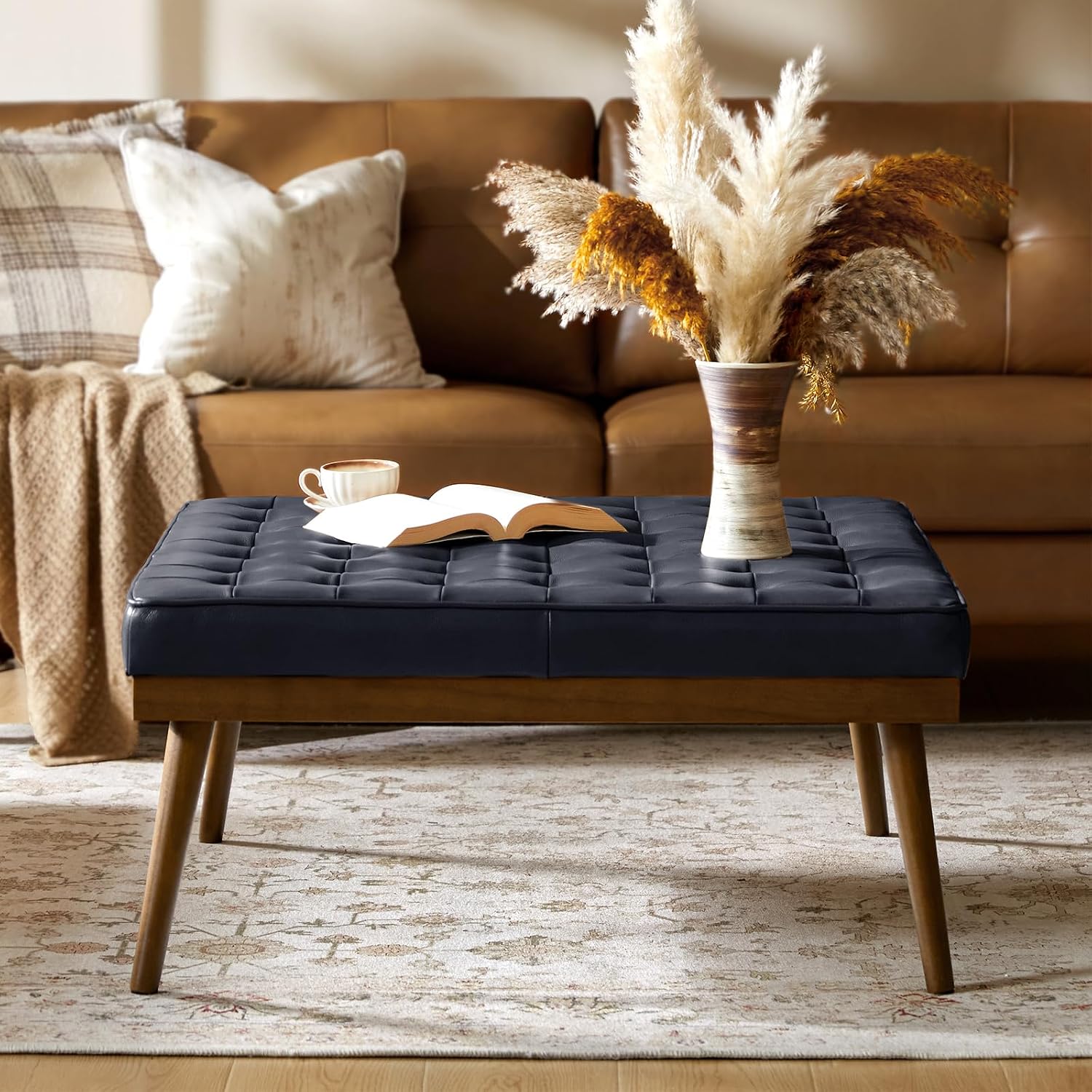 HULALA HOME Genuine Leather Square Coffee Table, Button Tufted Upholstered Ottoman Coffee Table with Solid Wooden Flared Legs, Mid-Century Modern Extra Seating for Living Room, Navy