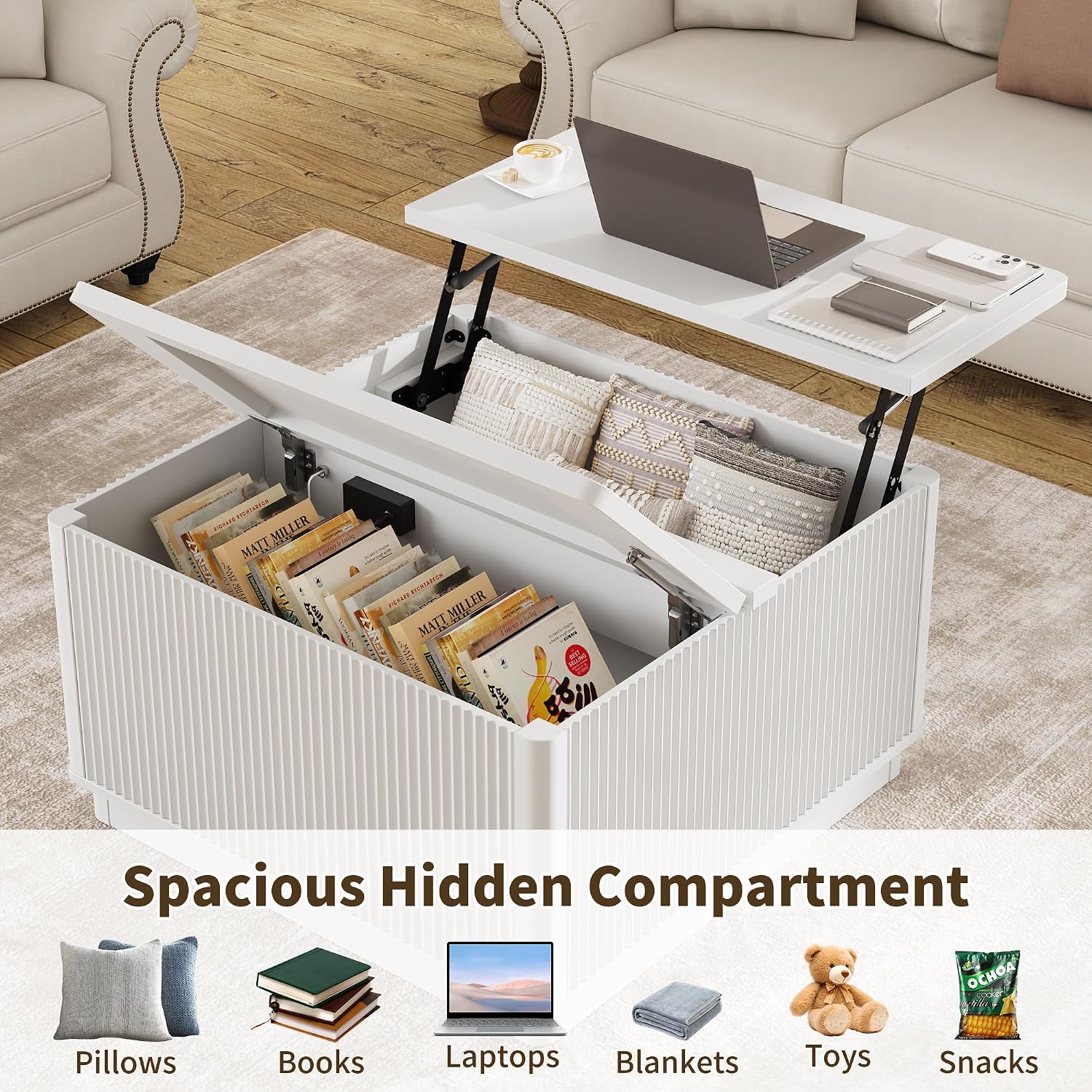 Modern Lift Top Coffee Table with Storage, Square Coffee Tables with LED Lighting and Power Outlet, Wooden Square Center Table for Living Room, Home Office, White