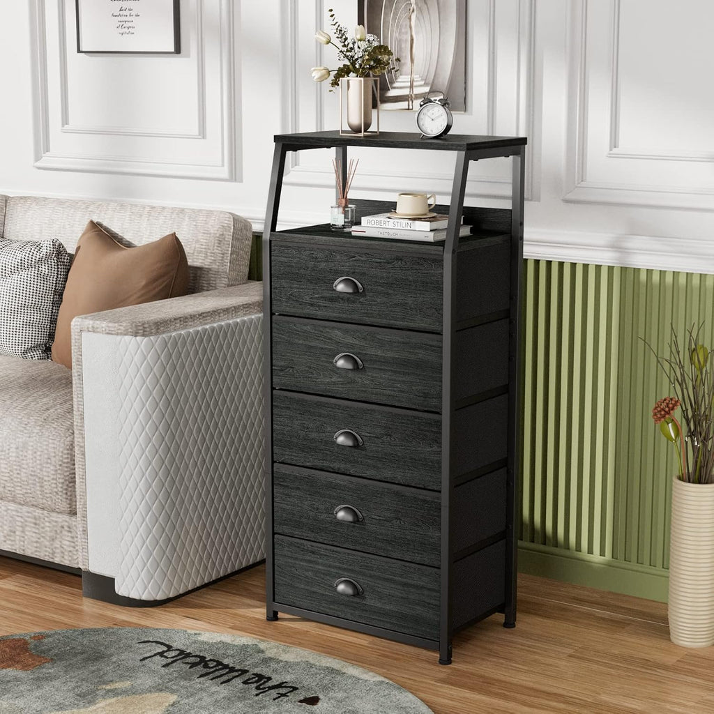 Furnulem Black Dresser with 5 Drawers, Vertical Storage Tower Fabric Dresser for Bedroom, 4-Tier Corner Shelf, Bookshelf with 2 Storage Drawers, 57.28'Tall Narrow Bookcase